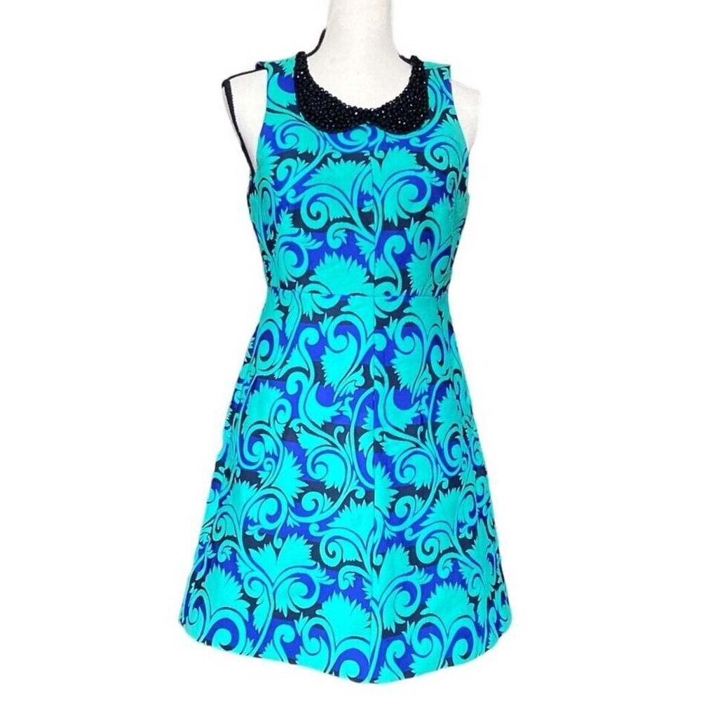 Stunning‎ Sleeveless Beaded Collar Dress Bold Blue Teal Print A-Line Women 4 - Picture 4 of 15